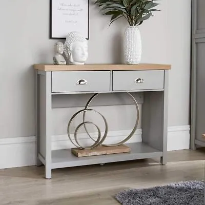 Home Source Oak Console Telephone Table Metal Handles Hallay Storage Gray  • £105.99