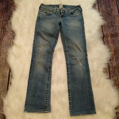 True Religion Gina Light Wash Denim Distressed Destroyed Straight Jeans Women 27 • $49.99