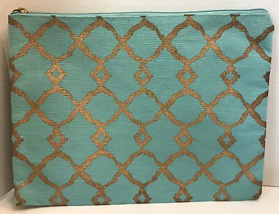 Mud Pie Large 12” X 9” Jute Aqua W/Gold Trellis Cosmetic Travel Zip Pouch EUC! • $9.99