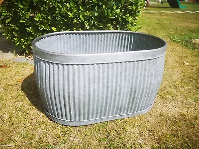 Vintage Ribbed Oval Grey Zinc Galvanised Metal Garden Flower Planter/Tub/Pot • £49.99