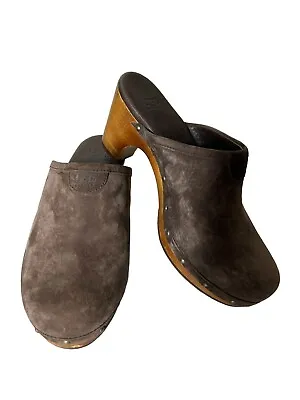 Ugg Australia Abbie Brown Studded Leather Wood Sherpa Mule Clogs Sz 6 Boho • $38