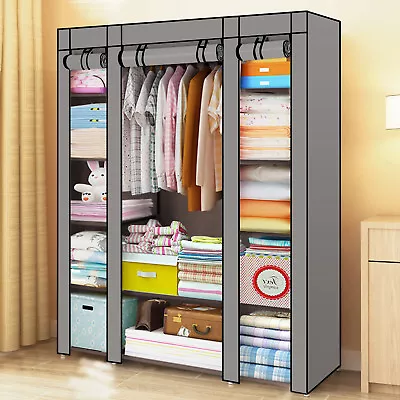 Fabric Canvas Wardrobe With Clothes Hanging Rail Shelves Storage Cupboard Grey • £17.69