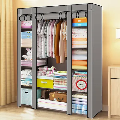 Practical Fabric Canvas Wardrobe Hanging Rail Shelving Clothes Storage Cupboard • £18.99