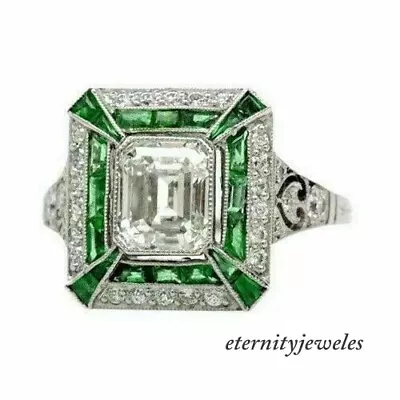 3.CT Emerald Lab-Created Diamond Vintage Art Deco Wedding Ring 14K White Gold FN • $147.34