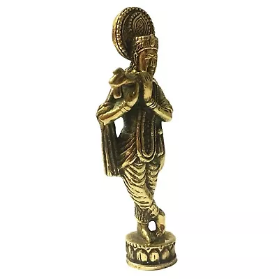 Lord Krishna Flute Statue Brass Hindu God Of Compassion & Love Avatar Of Vishnu • $38.88