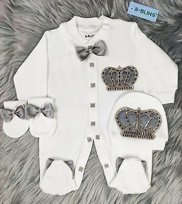 Personalized Newborn Baby Romper Sleep Suit Cap Mittens 3 Piece Homecoming Set • £26.99