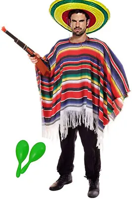 Poncho Multicoloured Cowboy Bandit Wild West Fancy Dress Costume With 2 Maracas • £9.99