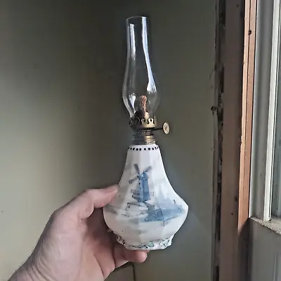 1890s PAIRPOINT DELFT SIGNED BLUE WINDMILL MINIATURE MILKGLASS OIL LAMP COMPLETE • $98