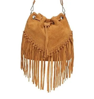 £27.90 • Buy New Real Italian Leather Suede Tan Ginger Brown Fringed Boho Cross Body Bag 
