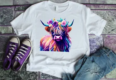 Ladies Highland Cow T Shirt Hamish Animal Top Graphic Fashion Scotland Cow Shirt • £9.49
