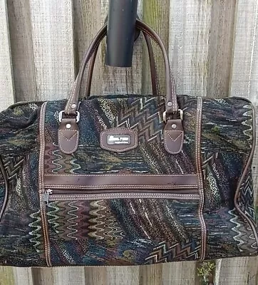 Large Vintage Carpet Bag Holdall Travel Tapestry Weekend Luggage Aztec Brown  • £38.99