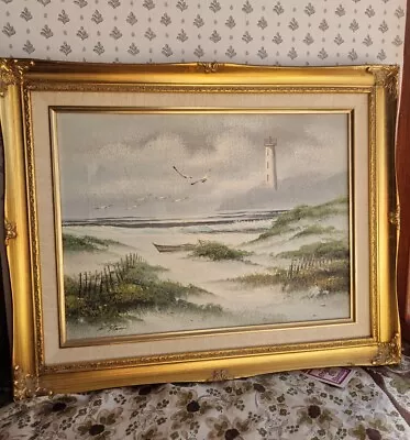 Beach Lighthouse Coastal Sea Original Oil Painting 52x42cm Ornate Frame Signed • £49.99