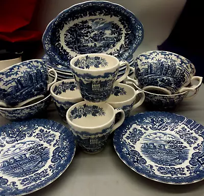 Olde Country Castles Country Style Grindley Blue White Tableware Cups Dishes • £29