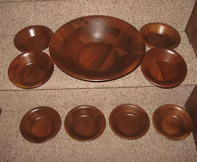 Vintage Set Of 8 Real Walnut Salad Bowls 6  PLUS LARGE SALAD BOWL 12  HANDCRAFT • $43.35