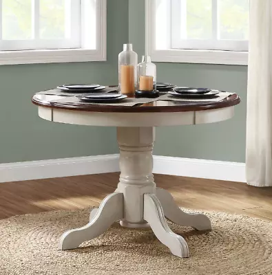 Round Dining Table Wood Kitchen Breakfast Two Tone Pedestal Painted Cream Brown • $334.99