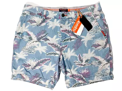 New Superdry Nue Wave Wash Shorts Men's 36 Paradise Chambray Blue White Floral • $25.95