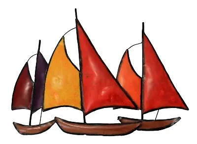 Contemporary Metal Wall Art Decor Sculpture 3 Sailing Boats At Sea 16   RED New • £25.97