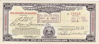 $100 Series Of 1939 Postal Savings System Certificate Paid Boston Ma  W7150  • $49.99