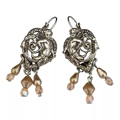 Vintage Kirks Folly Earrings Antique Silver Tone Art Nouveau Crystals Angels 4H • $44.99