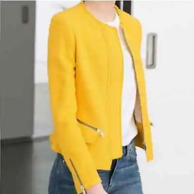 $42 • Buy Zara Yellow Boucle Tweet Zippered Blazer Jacket Size Large