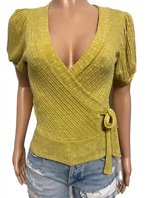 Sexy Mustard Yellow Wrap Tie Front Banded Hem Girlie Cleavage Top Burn-out S/S • $14