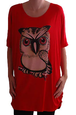 Womens Short Sleeve Scoop Neck Owl Print Long Casual Fashion T-Shirt Tunic Tops • £11.95