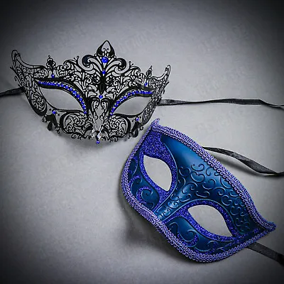 Classic Masquerade Ball Prom Costume Black Blue Couple Party Eye Mask Venetian • $19.99