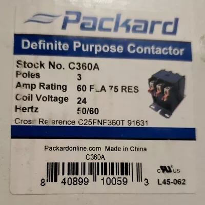 Packard C360A 60 AMP 3-Pole 24 Volts Coil.. Definite Purpose Contactor HVAC • $79.99