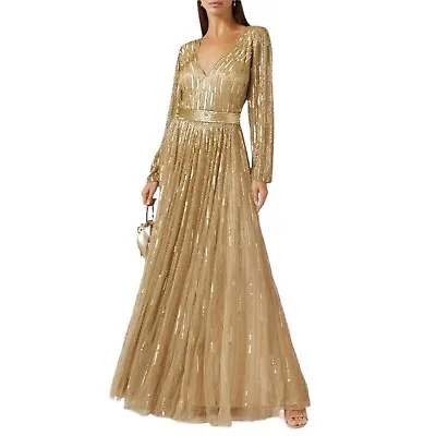 MAC DUGGAL Sequined V-Neck Illusion Sleeve A-Line Long Gown Taupe & Gold Size 16 • $198