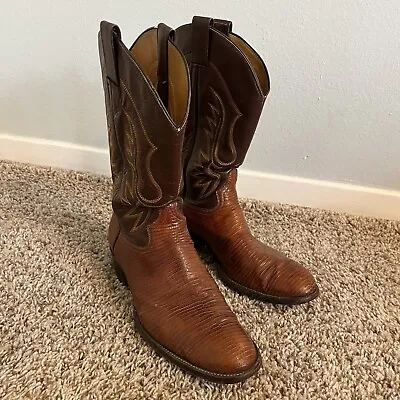 Vintage Adams Co Brown Lizard Leather Round Toe Cowboy Boots  Size 10 • $90