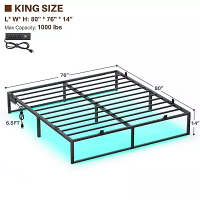Full/King Heavy Duty Metal Platform Bed Frame With Charging Station &LED Lights • $149.99