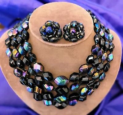 Vintage West Germany 4-strand Purple Black Iridescent Necklace Earrings Set • $27.95