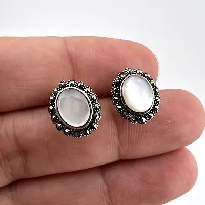 Art Deco Style Sterling Silver 925 Mother Of Pearl Marcasite Stud Earrings 2.06g • £14.88