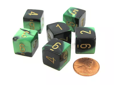 Gemini 15mm 6-Sided D6 Numbered Chessex Dice 6 Pieces - Black-Green With Gold • $9.99