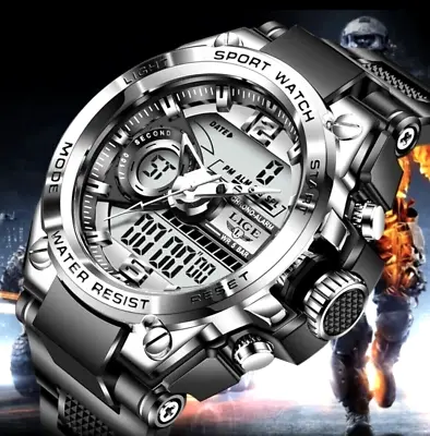 LIGE Digital Mens Military Watch 50m Waterproof Wristwatch LED Quartz Sports UK • £19.99