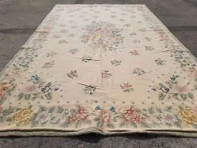 Vintage French Needle Point Handmade Floral Beige Wool Rug Carpet 263x164cm • £425