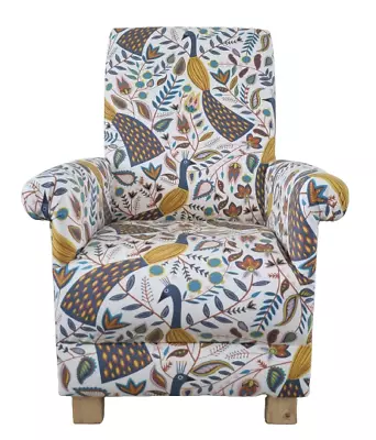 Fryetts Peacocks Ochre Fabric Adult Chair Armchair Mustard Yellow Birds Accent • £209.99