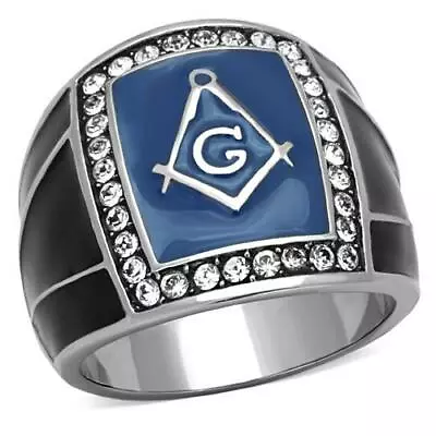 Mens Masonic Ring Enamel Silver Blue Cz Stainless Steel SIZE P 8 • £12
