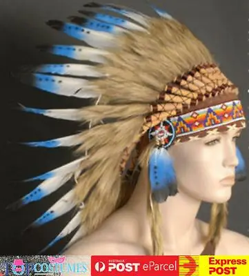Indian Costume Headdress With Blue Feathers Native American Bonnet Tonto • $64