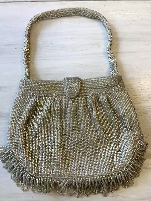 Vtg RICHERE Handmade In Japan Beaded Purse Evening Bag Silver Clear Glass Beads • $14.99