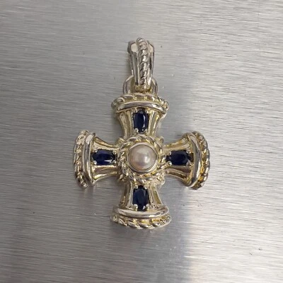 $99 • Buy Judith Ripka 925 Sterling Silver Gold Wash Sapphire & Pearl Maltese Cross 16.7g