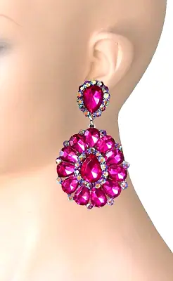 3.25  Long Cluster Clip On Earrings Fuchsia Pink Rhinestones Drag Queen Pageant • $18.95