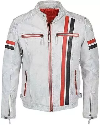 Men's Biker Cafe Racer White Motorcycle Vintage Red Black Stripes Leather Jacket • $20.89