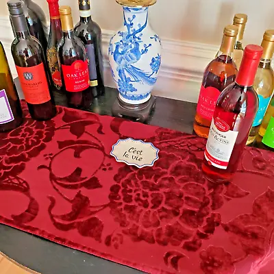 Red Velvet Burn-Out Table Runner Vintage Burgundy Oversized Floral 70x14  • $22.50