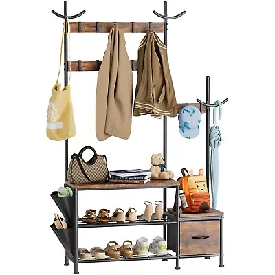 $89.99 • Buy Parent-Child Hall Tree Entryway Bench With Coat Rack Shoe Storage Drawer Brown