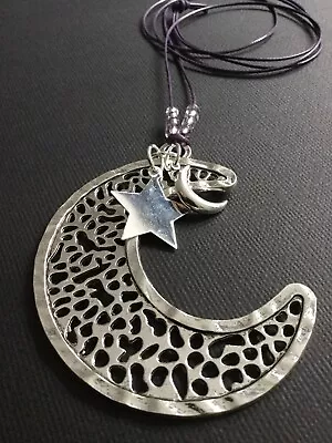 £3.69 • Buy Long PURPLE CORD Necklace With A Huge Silver Moon And Stars Pendant Lagenlook