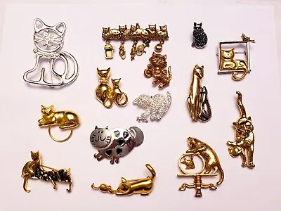 $2.25 • Buy 14 Piece Vintage And Modern Mixed Tone/Style Cat Brooch/Pin Lot
