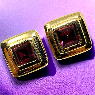 Vintage S.A.L. SAL Swarovski Earrings Gold Tone Purple Crystal Square Pierced • $36.74