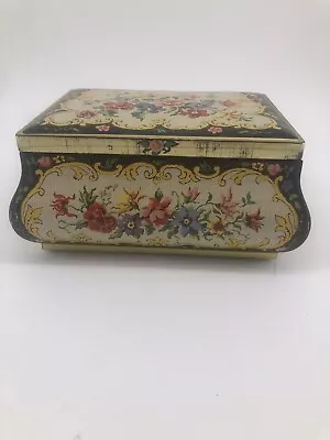 Vintage MADE IN HOLLAND Hinged Floral Flowers Tin Metal Box Gold Pink Black • $20