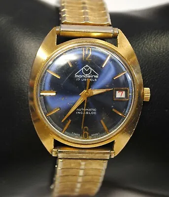  Vintage Mondaine Incabloc 17 Jewel Automatic Watch Blue Face Runs • $159.87